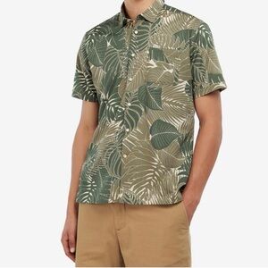 Barbour XL Cornwall Summer Short Slv Camp Shirt Tropical Palm Leaf Green Cotton